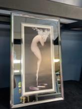 Mirror framed Louis Icart nude emerging from cigarette smoke