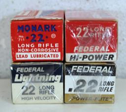 4 Different Full Vintage Boxes Federal .22 LR Cartridges Ammunition - 1 Box Lightning, 1 Box