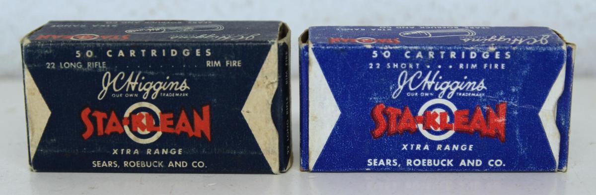 2 Different Full Vintage Boxes Sears Roebuck and Co. J.C. Higgins Sta-Klean Extra Range .22 Short &