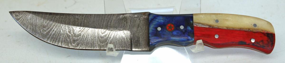 Damascus Steel Fixed Blade Knife with Leather Sheath, 7 1/2" Overall - Hand made Damascus steel