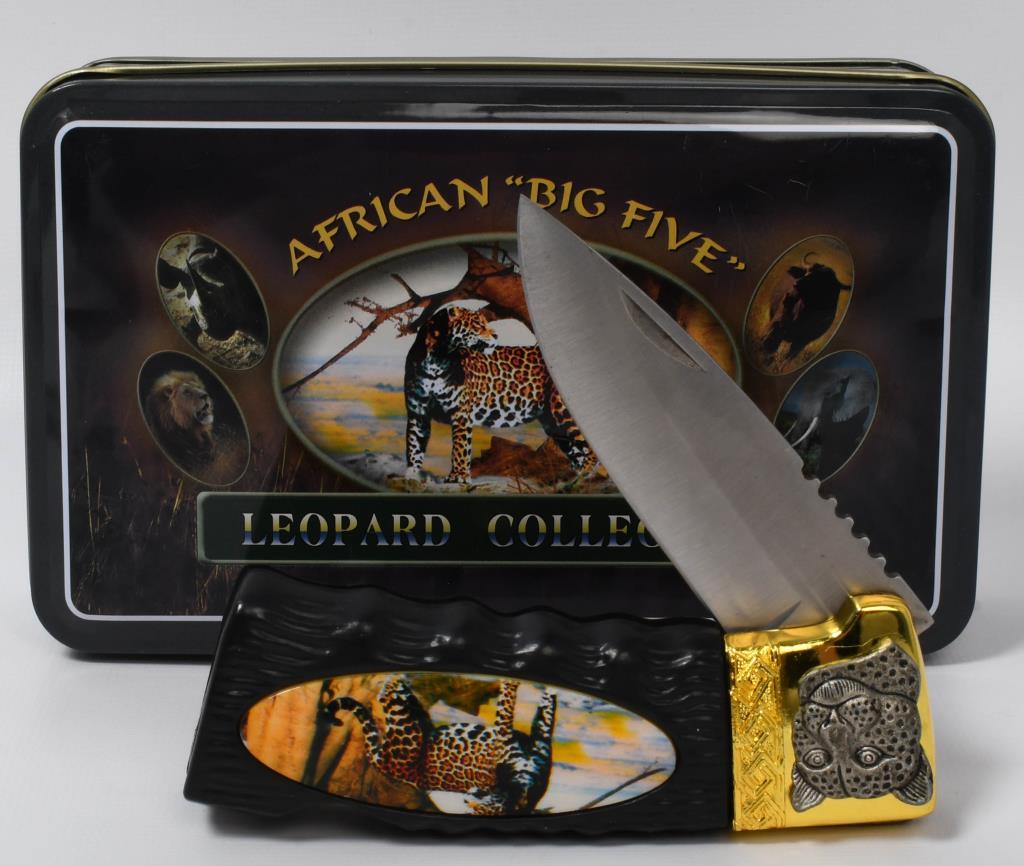 African "Big Five" Leopard Folding Knife in Tin