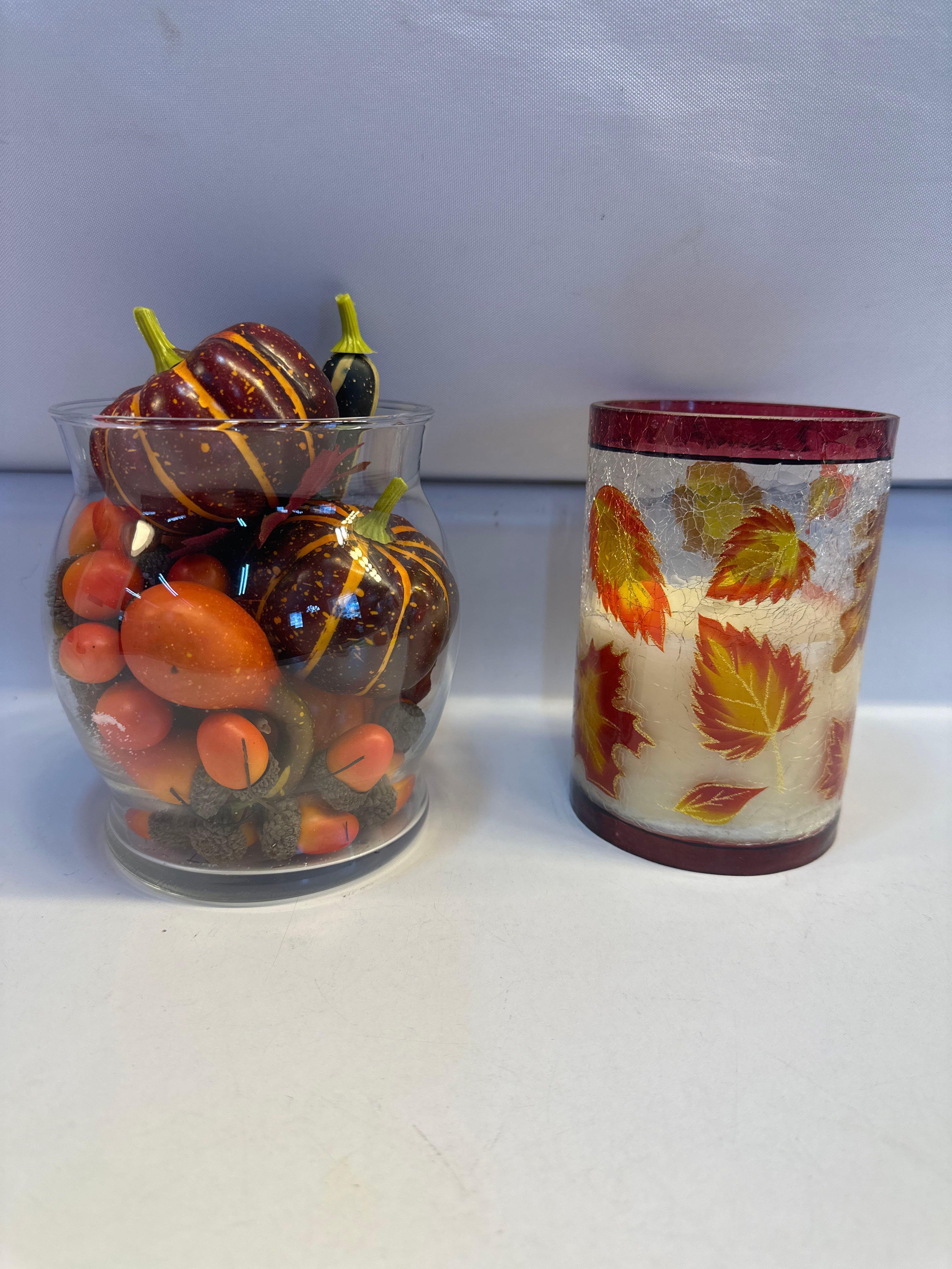 Fall LED Flameless Candle Crackle Glass/ Glass Vase With Fall Decor Inside