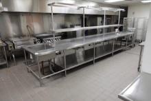 S/S COUNTER W/SHELF, PAN RACK & SINKS ON EACH END (APPROX 18’ LONG)