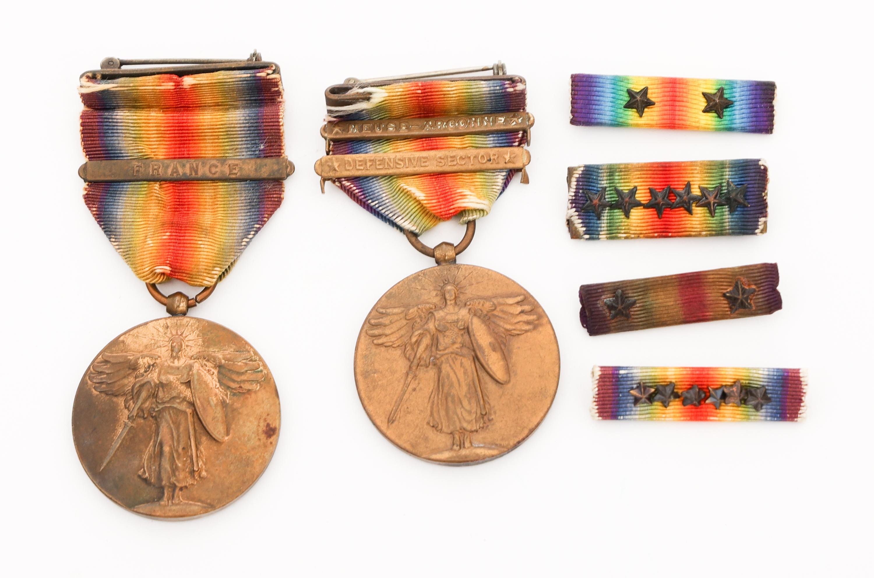 WWI US VICTORY MEDALS WITH CLASPS & RIBBONS