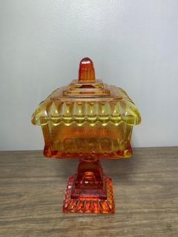 Vintage Amberina Red, Yellow, Orange Covered Candy Dish