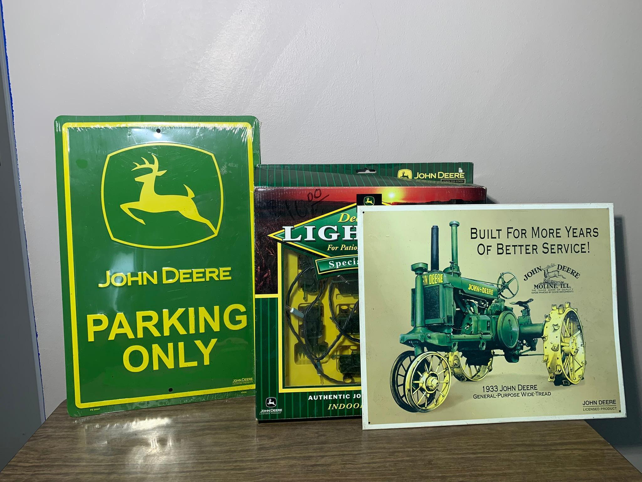 John Deere Signs, Lights, Match Holder, Tin & Thermometer