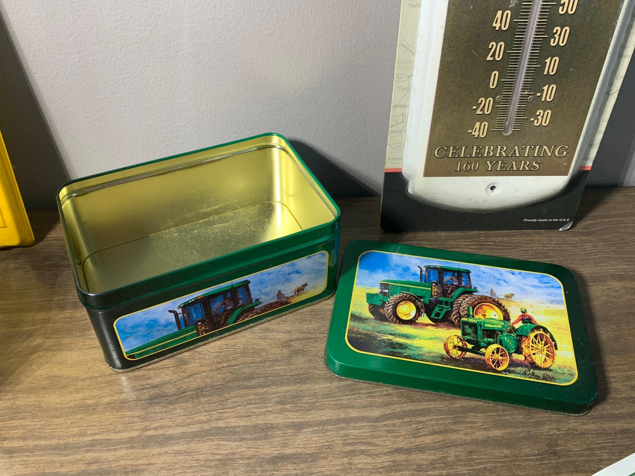 John Deere Signs, Lights, Match Holder, Tin & Thermometer