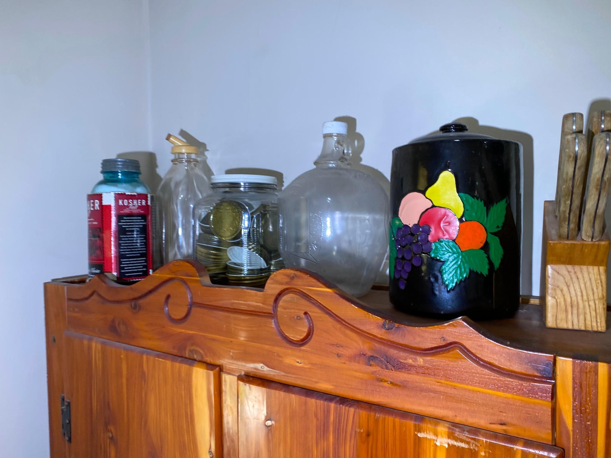 Two Cedar Cabinets, Two Clocks, Primitives , Ceramics