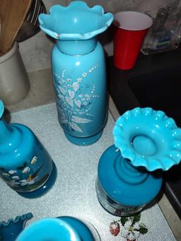 Early Blue Milk Glass Bottles 1 Stopper Repaired