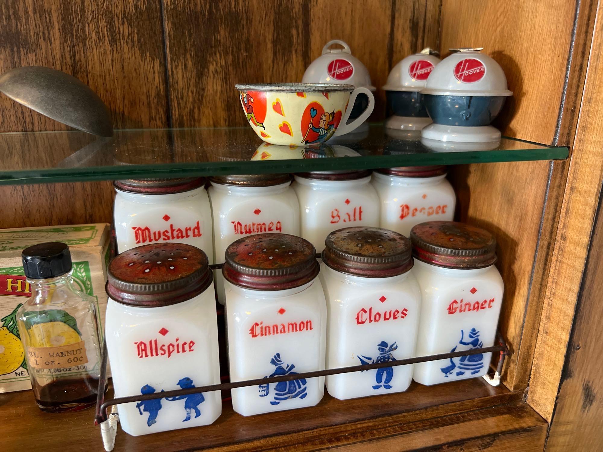 Contents on Shelf, Spice Rack, Advertising Tins, Salt and Pepper Shakers