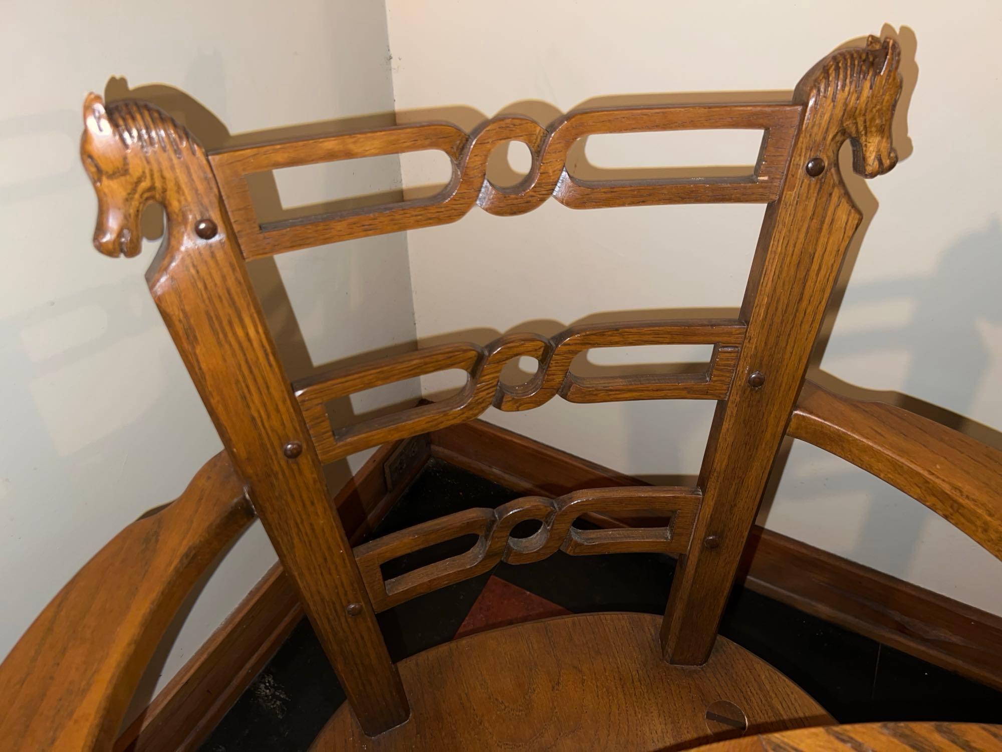 Vintage Oak Tavern Table and (4) Chairs with Carved Horse Heads