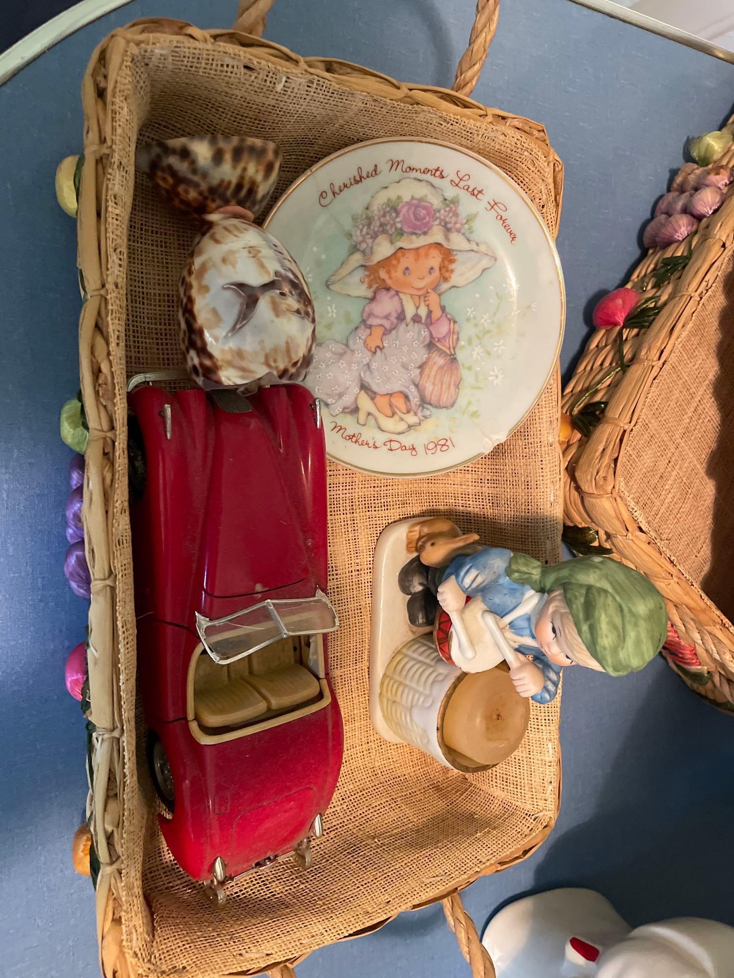 (3) Woven Serving Trays, Cookie Jar, Wooden Sculpted Cream and Sugar Tray