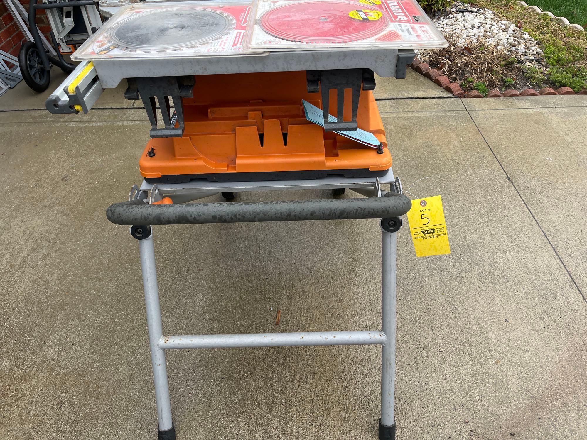 Ridgid 10in Table Saw with Ridgid Two Wheel Work Stand and Accessories