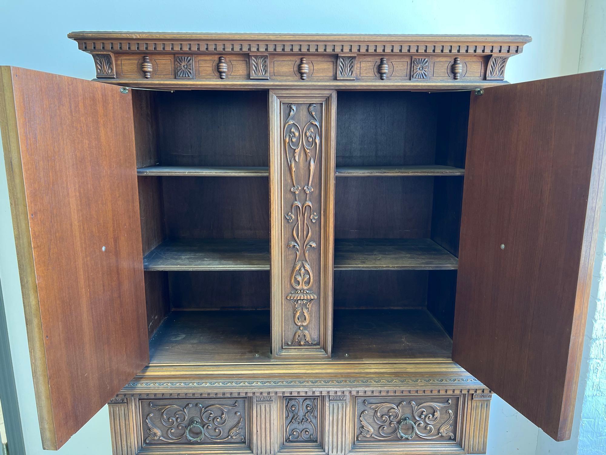 1940s Ornate Wood Dining Room Hutch with Leather Inlay Doors and Wrought Iron Accents