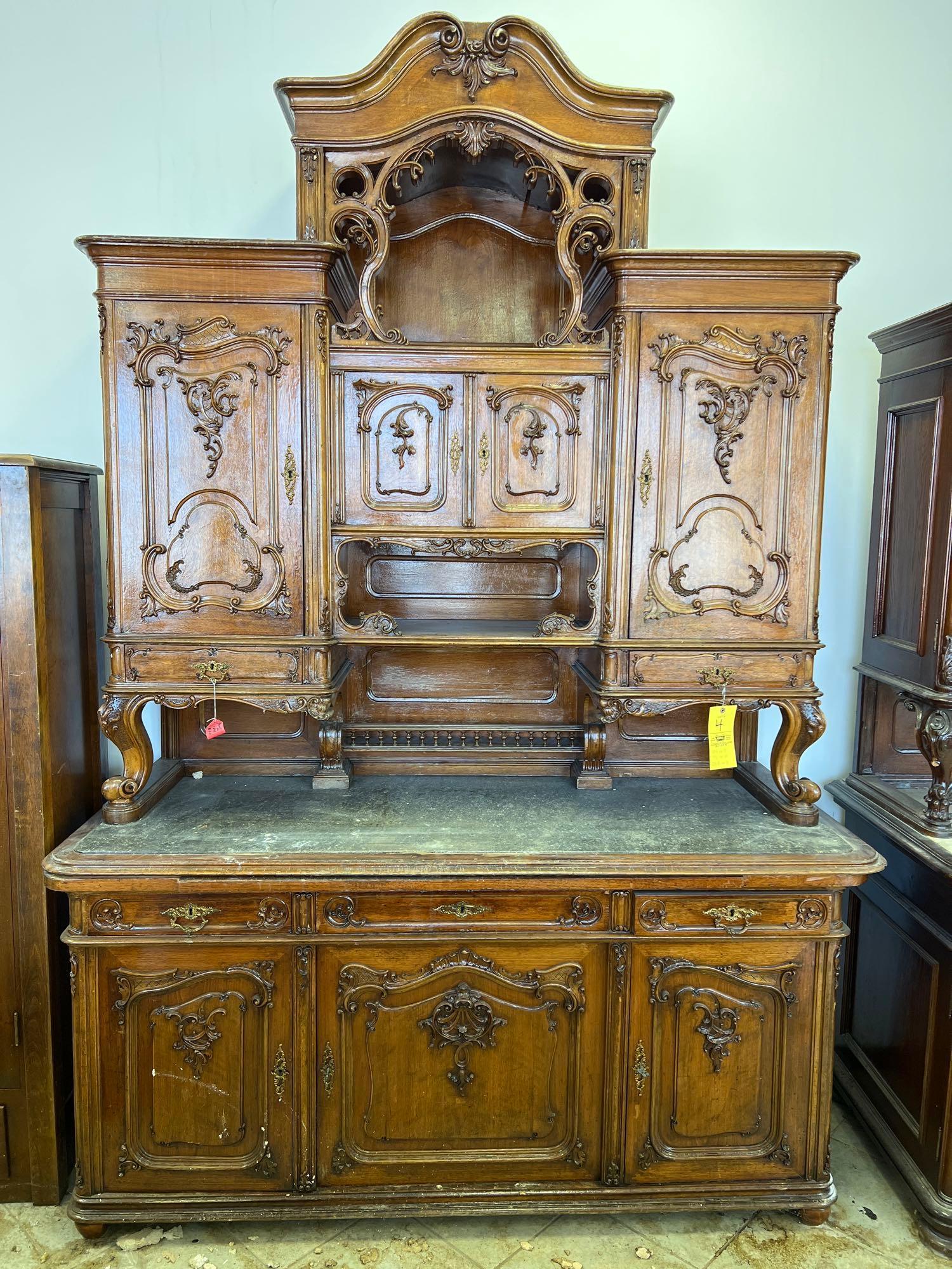 Very Ornate 1880s Austrian Walnut Hutch with Black Marble and Serving Tray