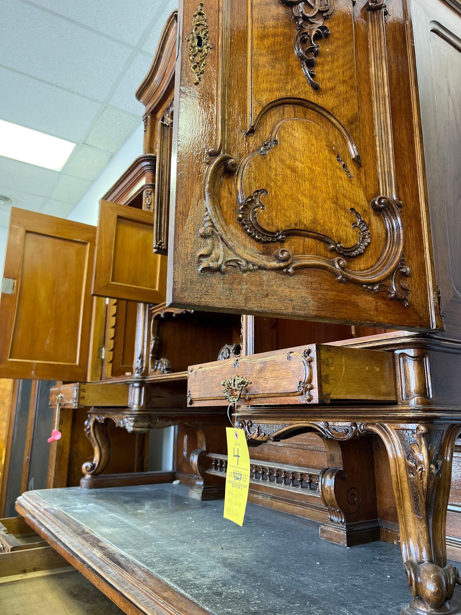 Very Ornate 1880s Austrian Walnut Hutch with Black Marble and Serving Tray