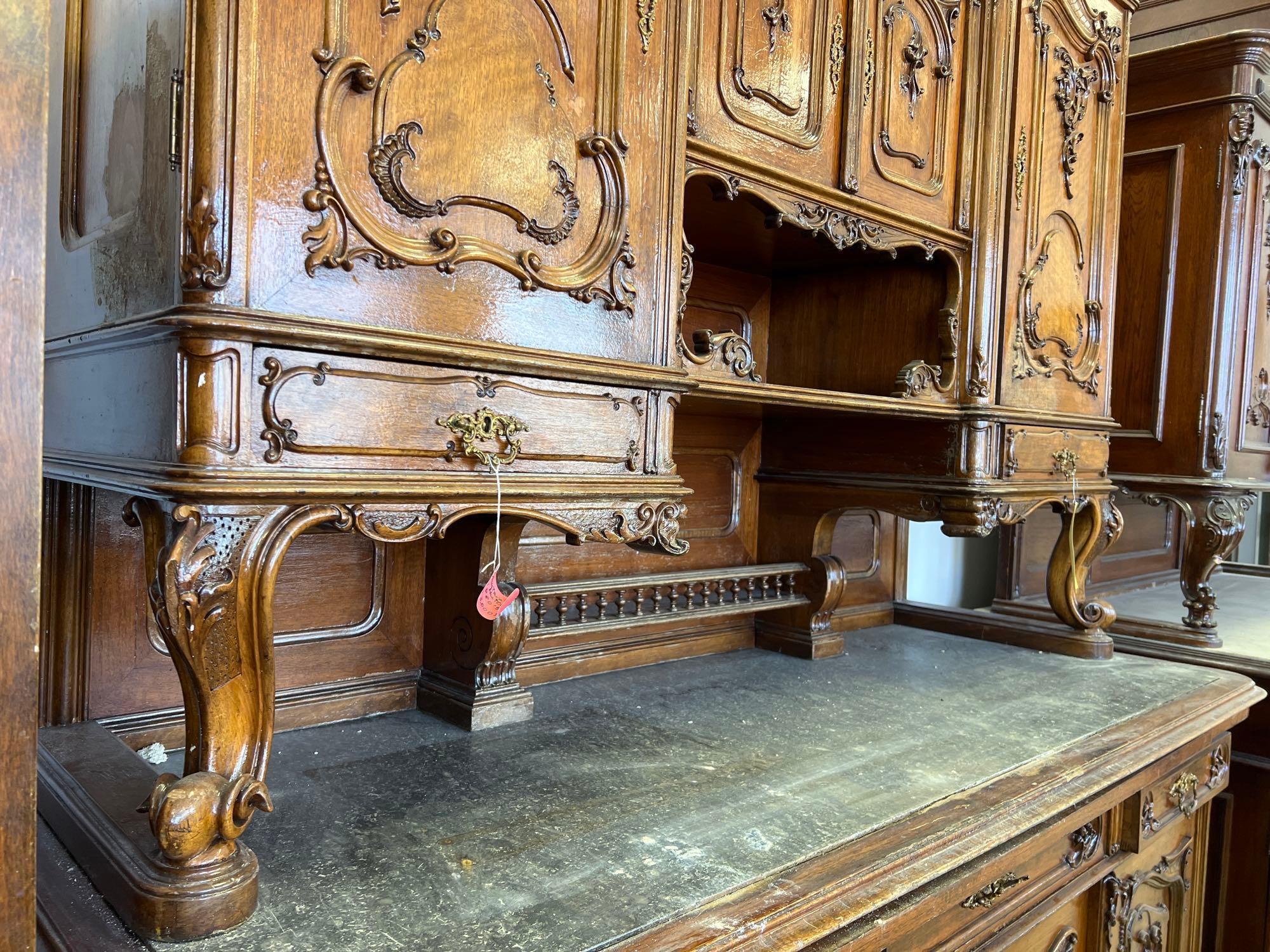 Very Ornate 1880s Austrian Walnut Hutch with Black Marble and Serving Tray