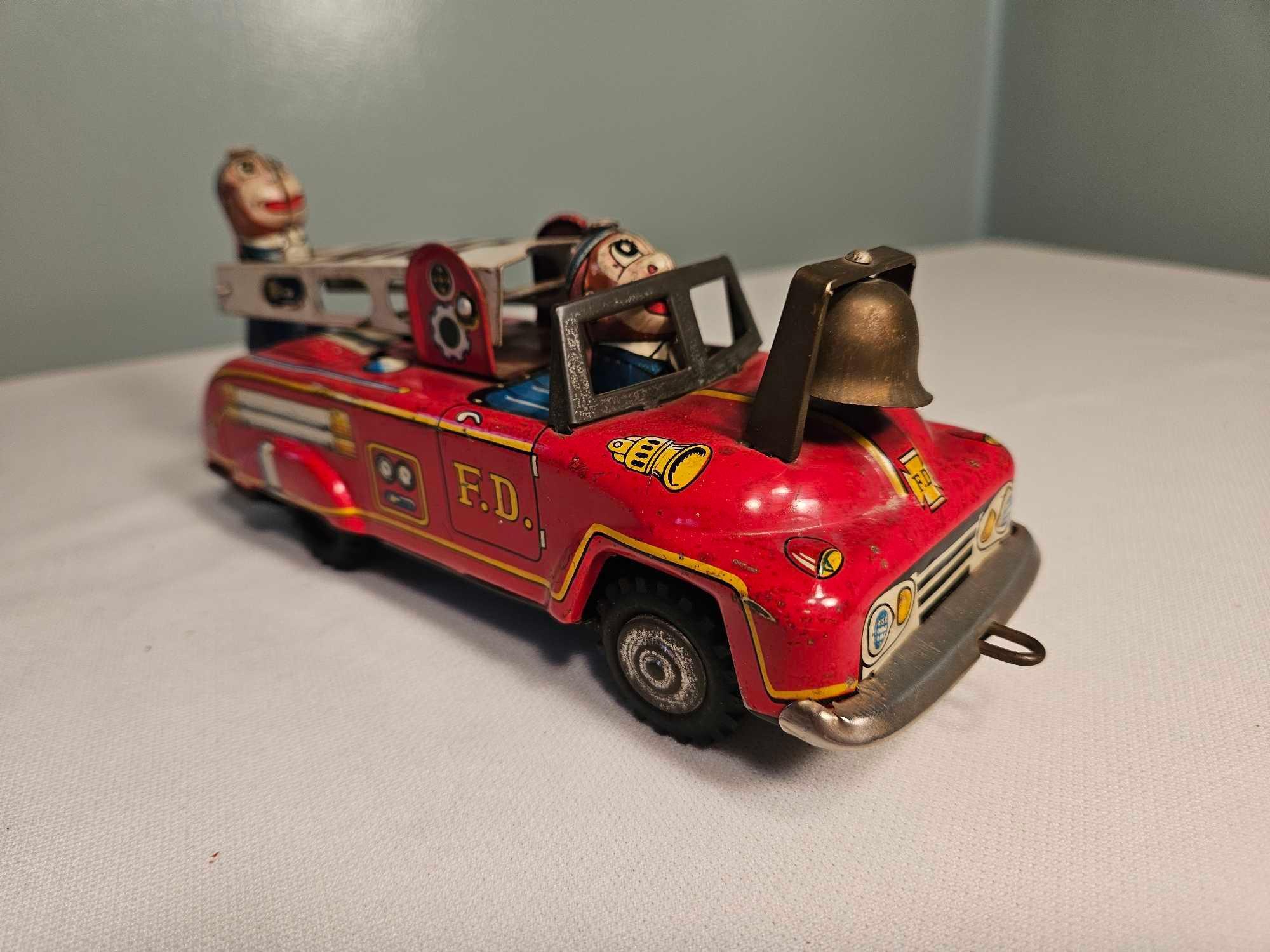 Vintage Tin Litho Mechanical Fire Truck - Japan