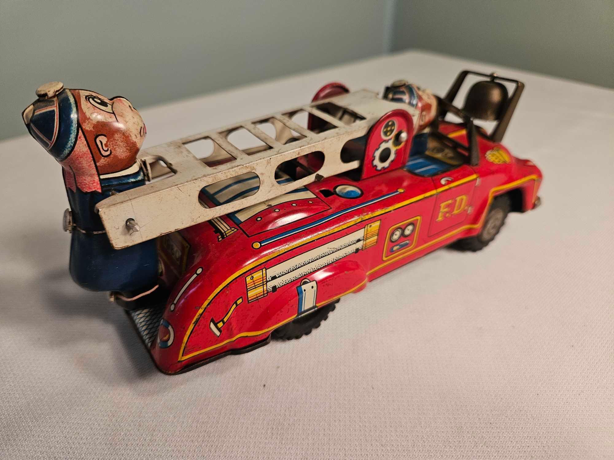 Vintage Tin Litho Mechanical Fire Truck - Japan