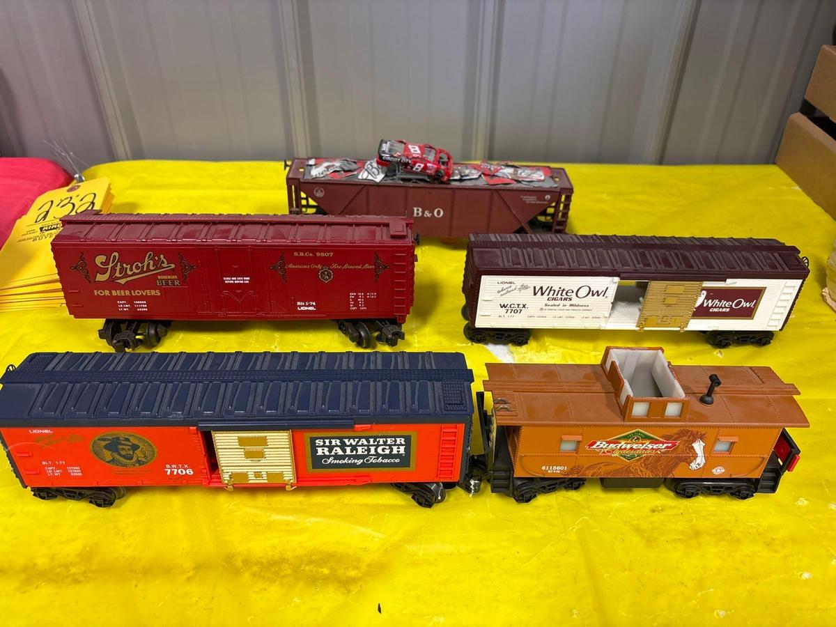 Strohs - Budweiser - White Owl - Sir Walter Raleigh Advertisement Train Cars