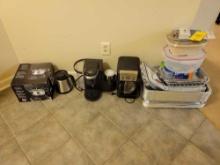 Fondue set, Keurig, Mr Coffee, tupperware and aluminum trays