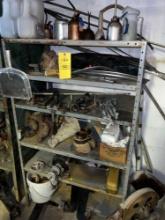 Shelving Unit & Contents - Oil Cans, Chrome Trim, Transmission Pieces, Motorcycle Parts