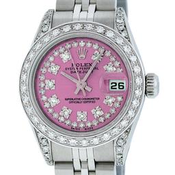 Rolex Ladies Stainless Steel Quickset Pink String Diamond Datejust Wristwatch