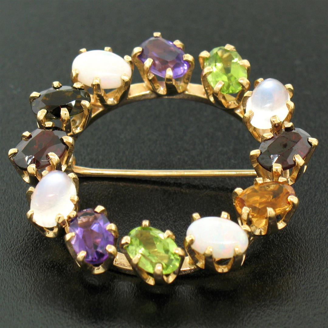 14k Yellow Gold 5.18 ctw Wreath Brooch w/ Amethyst Garnet Moonstone Peridot Opal