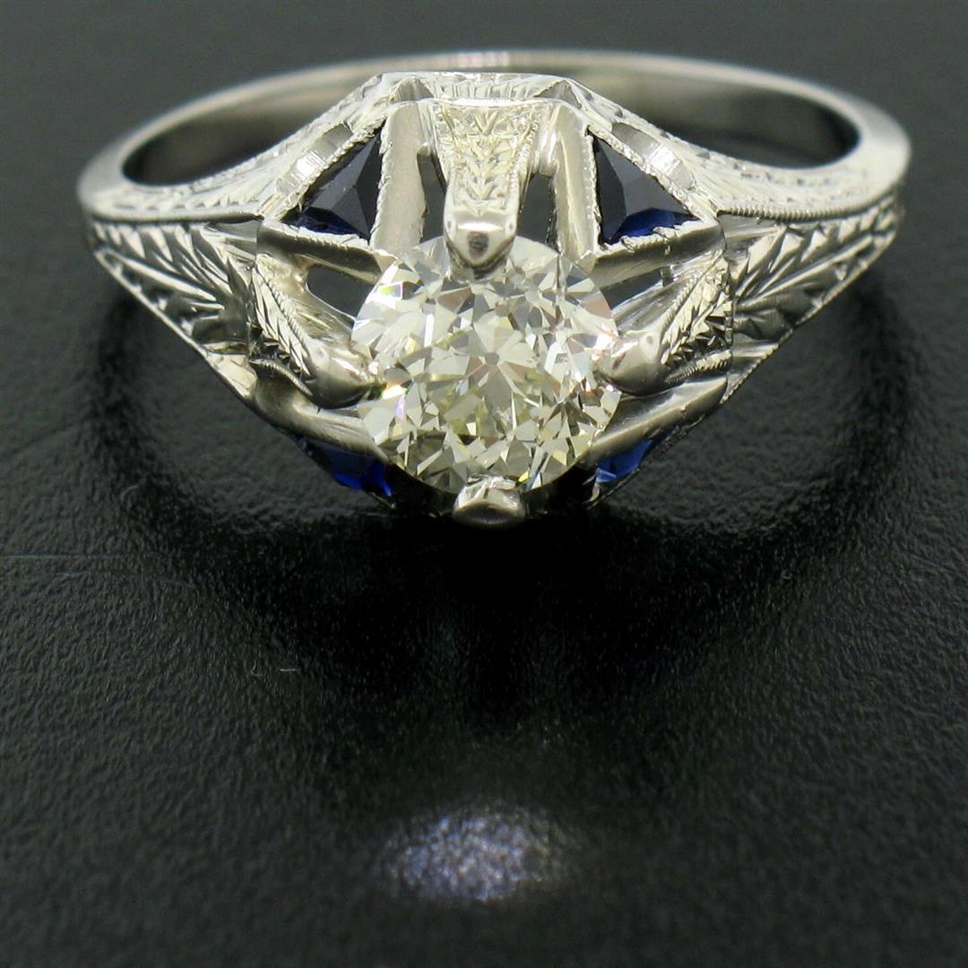 Antique Art Deco 20k White Gold Diamond and Sapphire Engagement Ring