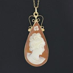 Vintage 14k Gold Tear Drop Bezel Carved Shell Cameo Pendant 16" Curb Link Chain