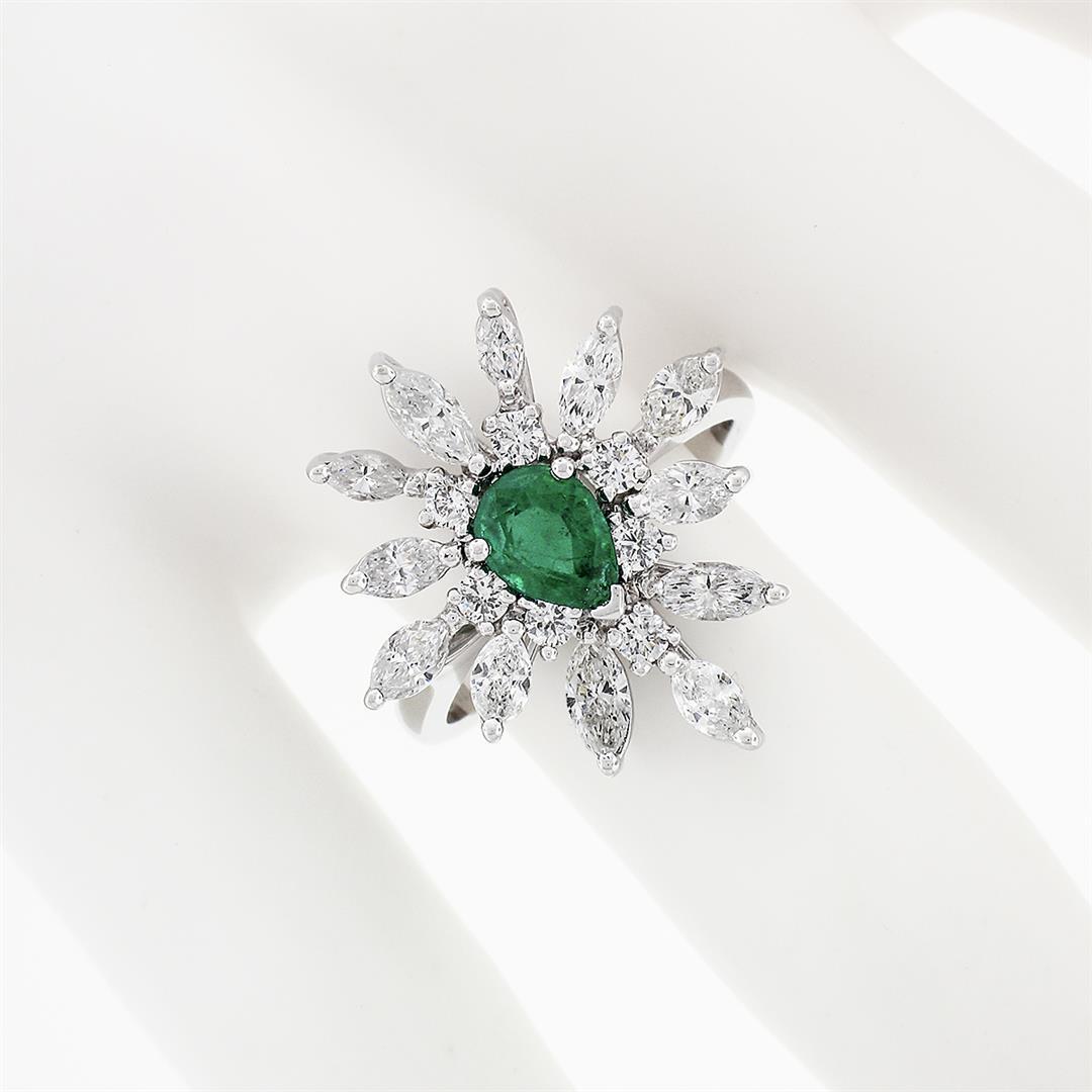 Vintage 18k White Gold 2.24 ctw Pear Emerald Marquise Diamond Spray Cocktail Rin