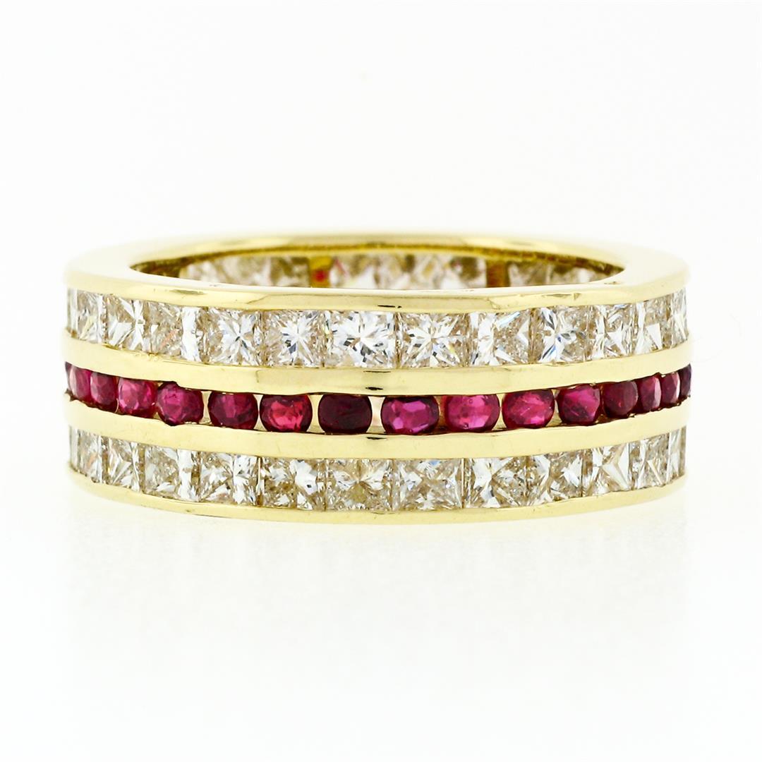 Vintage 18k Gold Channel Round Ruby Princess Cut Diamond Wide Eternity Band Ring