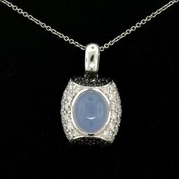 14K White Gold 4.31 ctw Oval Chalcedony White & Black Diamond 16" Pendant Neckla