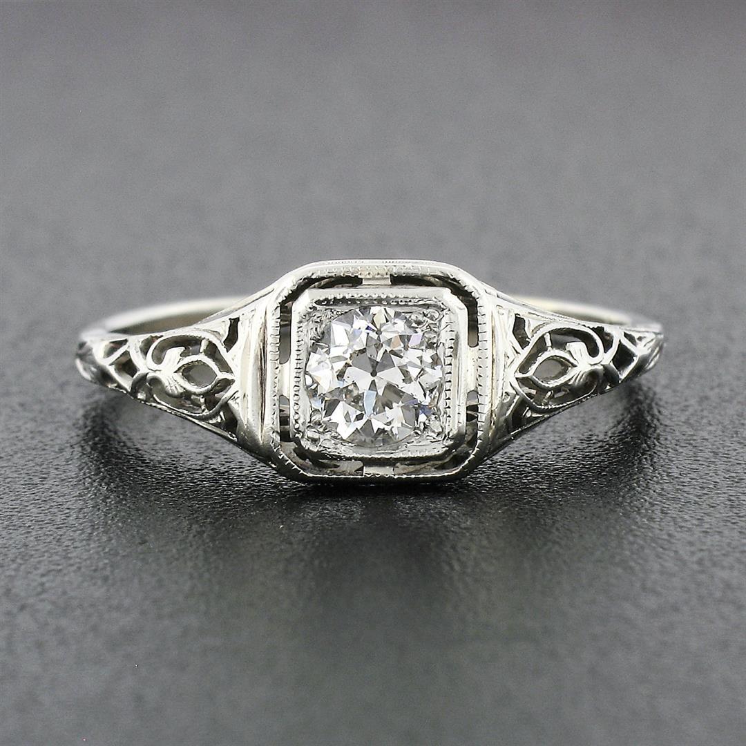 Antique Art Deco 18k Gold 0.38 ctw European Diamond Open Filigree Engagement Rin