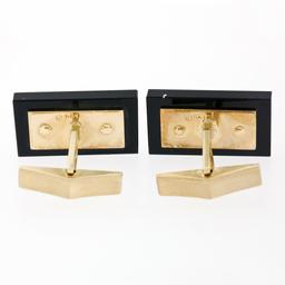 14K Yellow Gold Rectangular Cut Black Onyx Florentine Finish Swivel Cuff Links