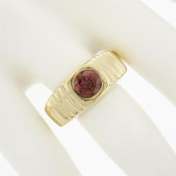 Mens 14k Gold 1.50 ctw Round Burnish Bezel Rhodolite Garnet Solitaire Grooved Ri