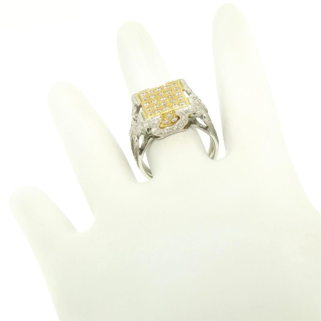 18k Two Tone Solid Gold 1.10 ctw Round Pave Diamond Square Cocktail Ring