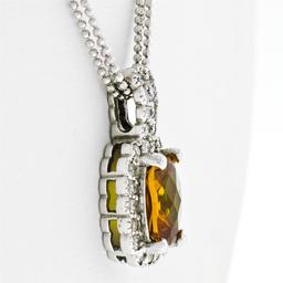 14K White Gold 3.71 ctw Cushion Checkerboard Citrine Diamond Halo Pendant & Chai