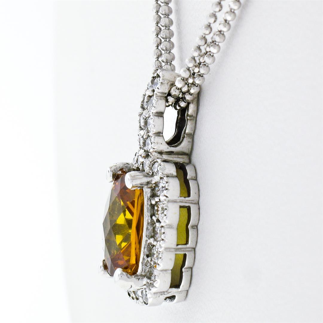 14K White Gold 3.71 ctw Cushion Checkerboard Citrine Diamond Halo Pendant & Chai