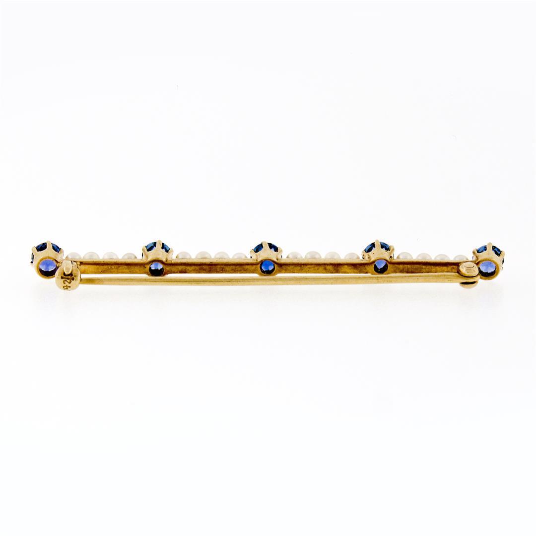 Antique 14k Gold 1.50 ctw Old Cut Montana Sapphire & Seed Pearl Bar Brooch Pin