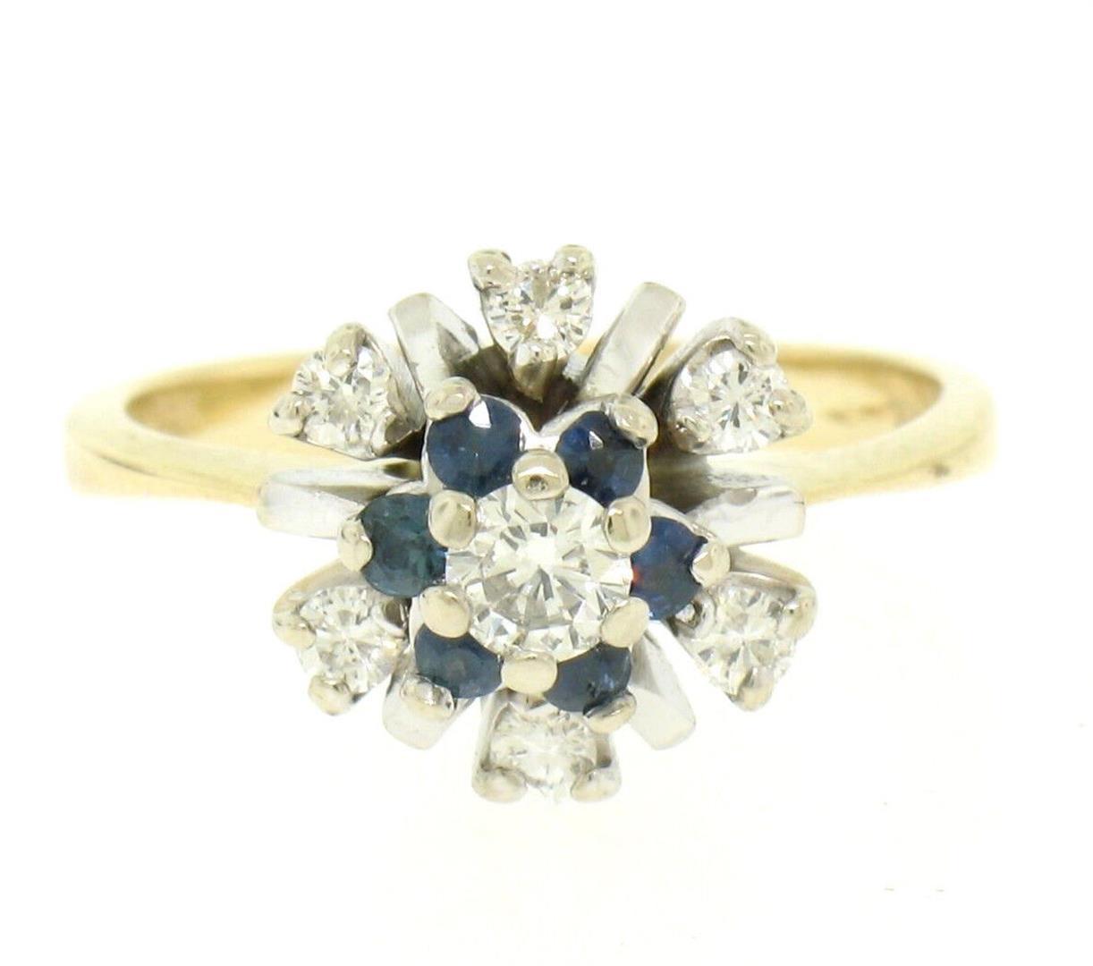 14k Yellow & White Gold 0.65 ctw Diamond Sapphire 3 Tiered Starburst Cluster Rin