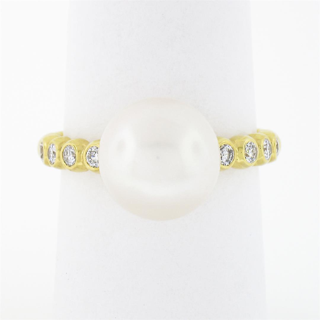 18k Yellow Gold 10.50mm Cultured Pearl Solitaire Round Bezel Diamond Beaded Ring