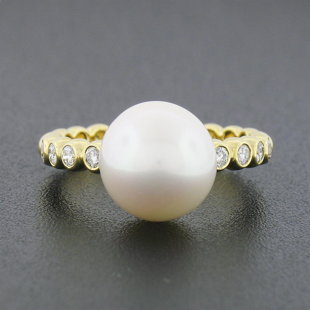 18k Yellow Gold 10.50mm Cultured Pearl Solitaire Round Bezel Diamond Beaded Ring