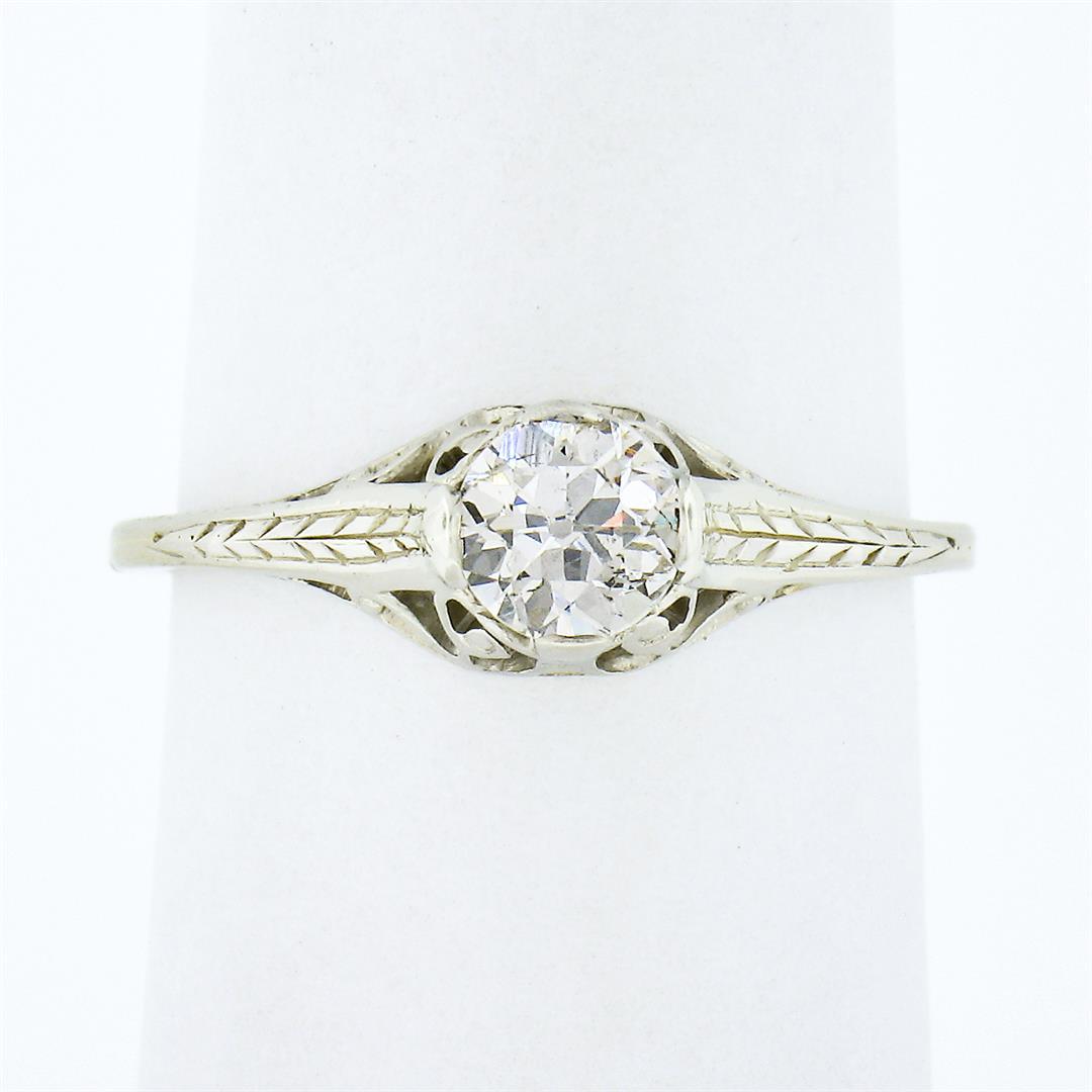 Antique 14k Gold 0.54 ctw GIA European Diamond Solitaire Filigree Engagement Rin