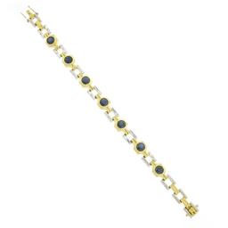 Vintage 18K & 14K TT Gold Round Bezel Sapphire & Baguette Diamond Link Bracelet