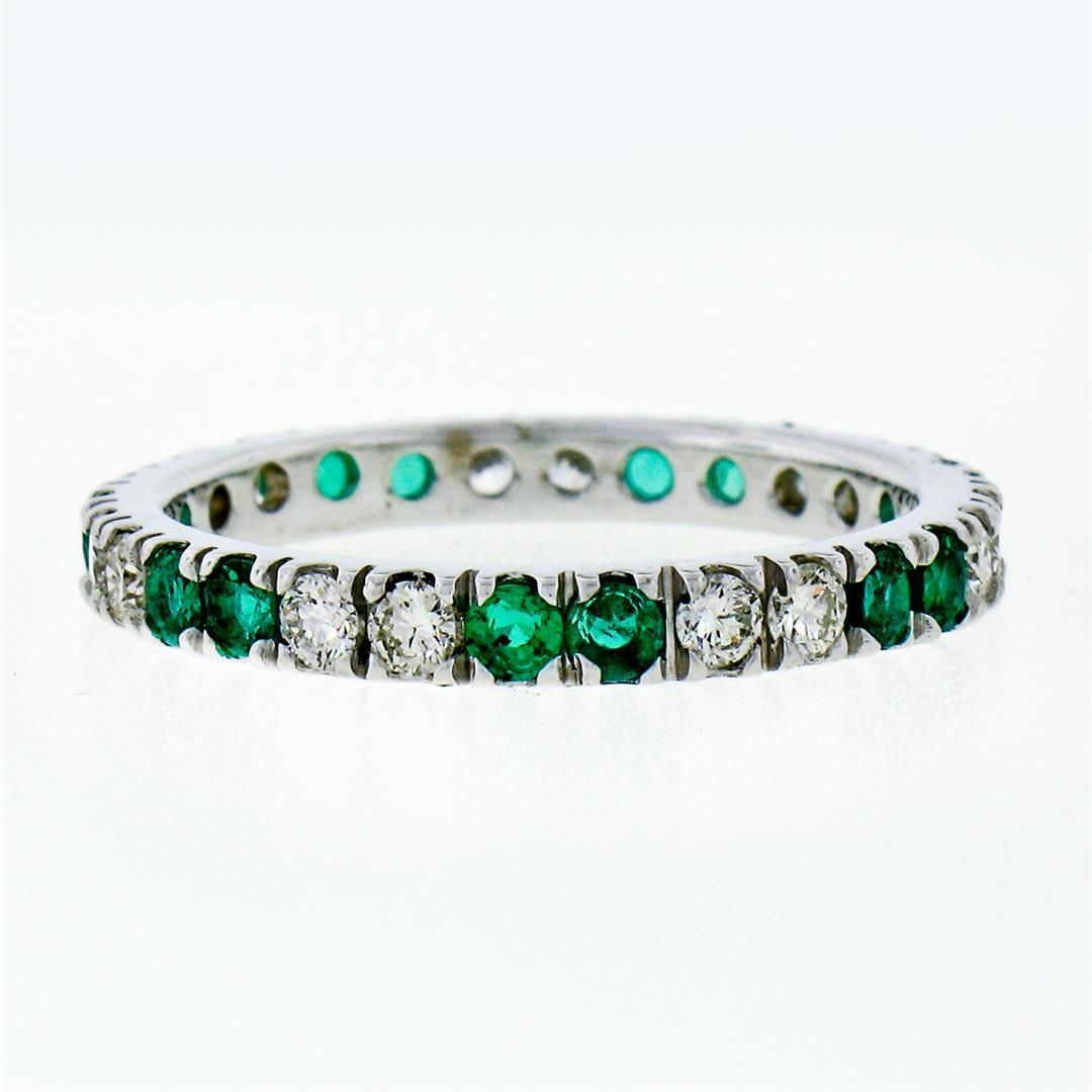 14K White Gold 1.40 ctw Round Shared Prong Diamond & Emerald Eternity Band Ring