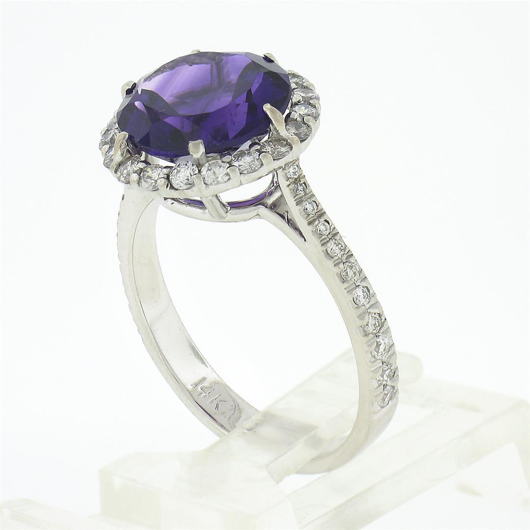 14K White Gold 4.1 ctw Royal Purple Amethyst Solitaire w/ Round Diamond Halo Rin