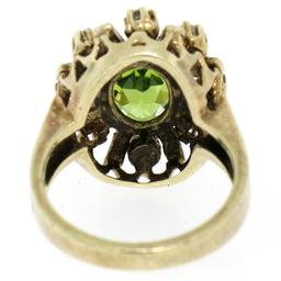 Vintage 14K Yellow Gold 2.43 ctw Oval Peridot Diamond & Black Enamel Halo Ring