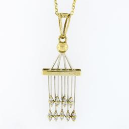 Unique Vintage 14k TT Gold Diamond Tiered Bar Tassel Dangle Pendant Necklace