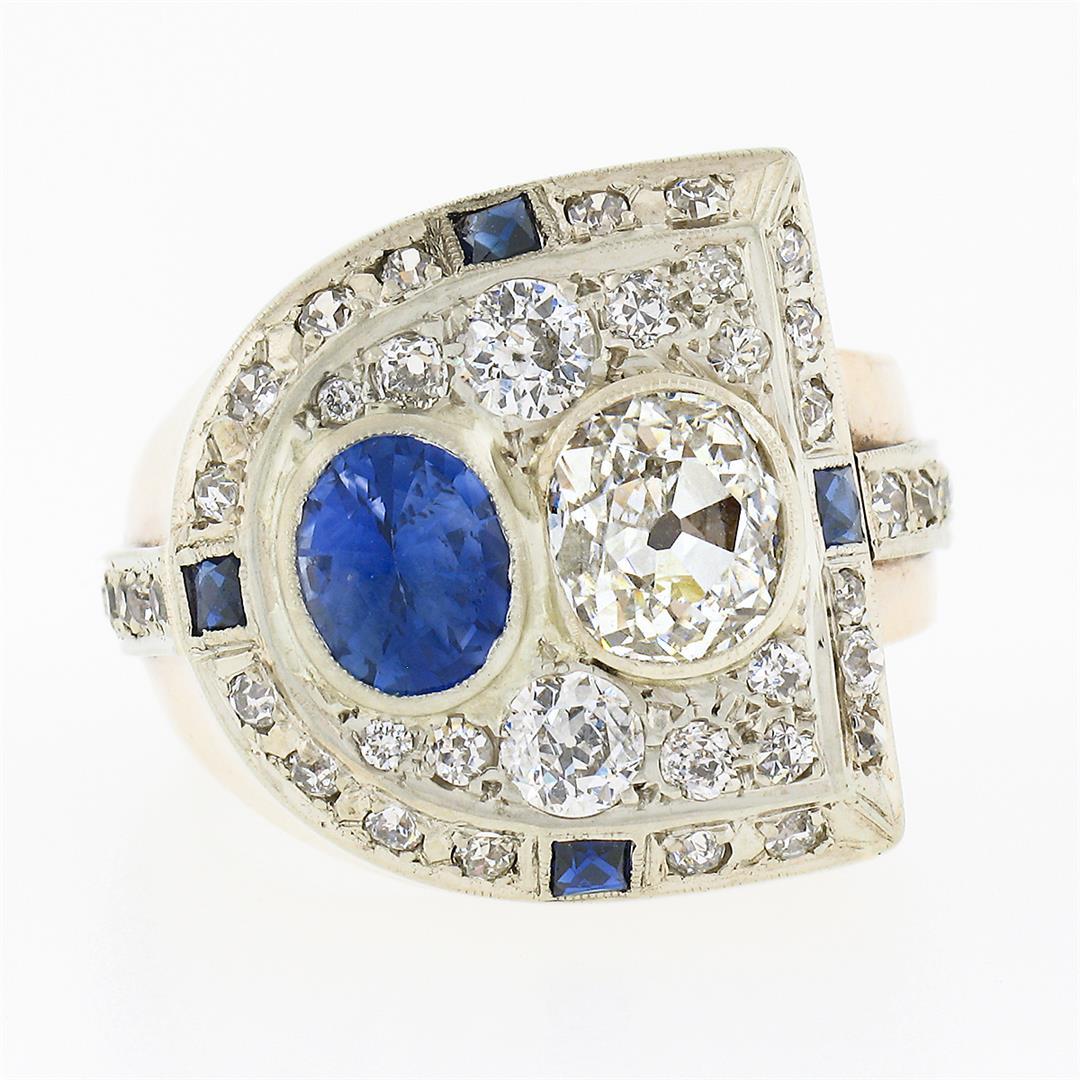 Antique Retro 14K Gold 3.65 ctw Bezel GIA Cushion Diamond & Sapphire Cocktail Ri